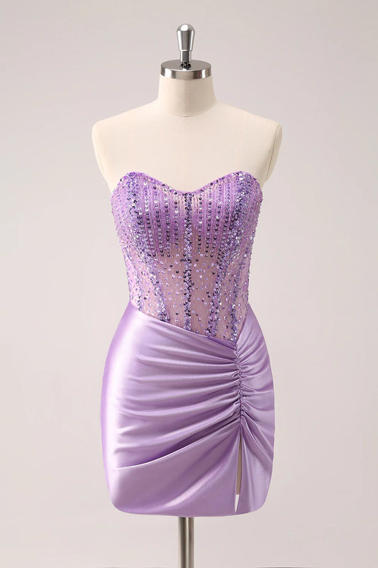 Wholesale Lilac Homecoming Dress Bodycon Strapless Sequins Ruched with Beading Sparkly