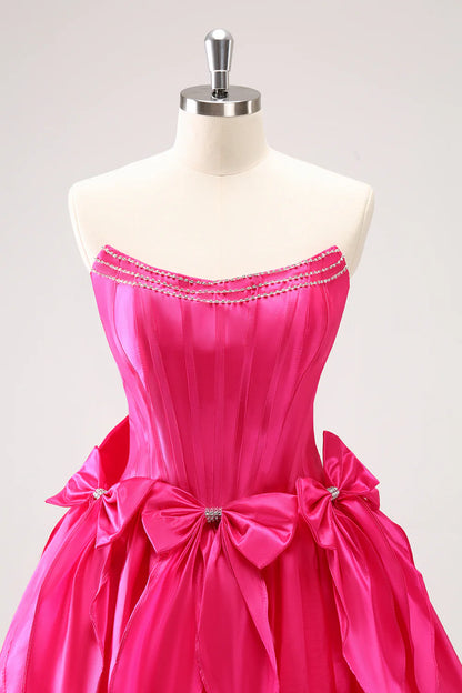 Wholesale A Line Graduation Dresses Strapless Corset Ruffle Beaded Cute Fuchsia Homecoming Dress with Bows