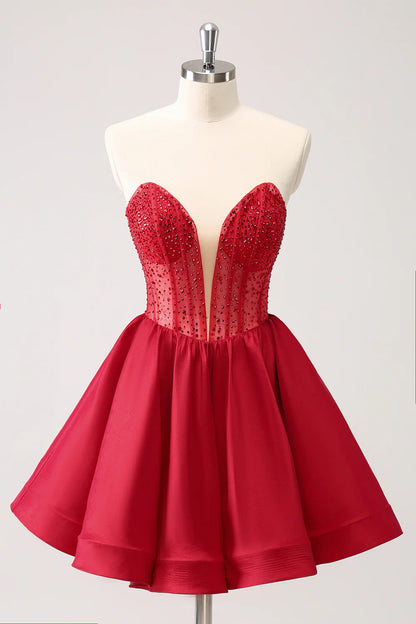 Wholesale Homecoming Dress Cute Red A Line Strapless Corset Ruffle with Beading