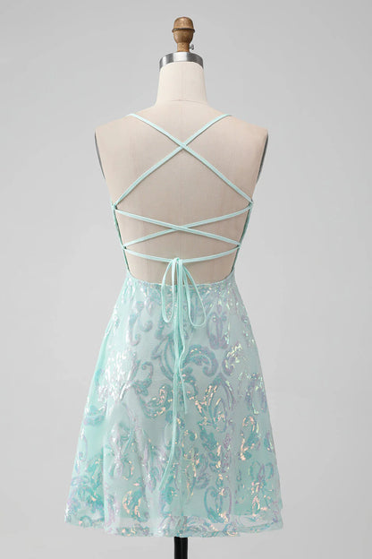 Wholesale A Line Sequins Short Homecoming Dress with Lace-up Back Mint Graduation Dresses