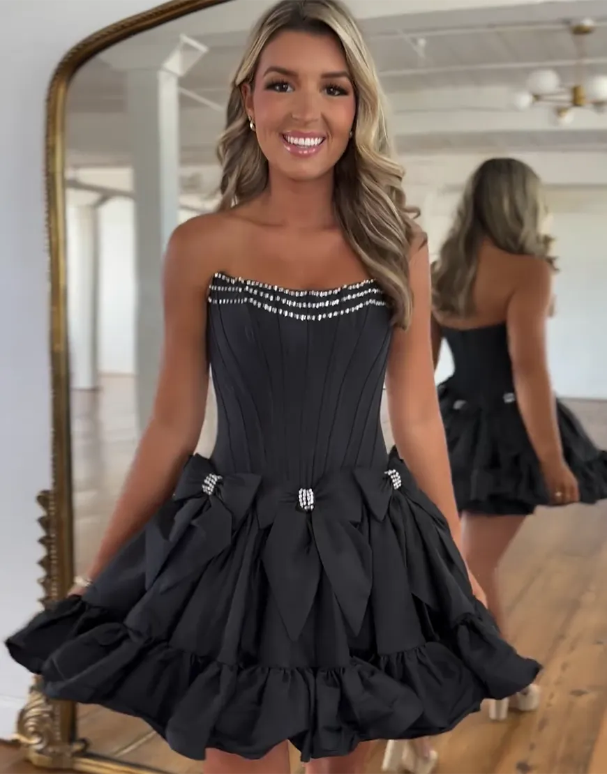 Wholesale Homecoming Dress Sparkly A-Line Beaded Ruffle with Bowknots