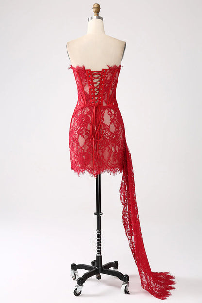 Wholesale Classy Red Short Cocktail Dress Lace Strapless Corset with Lace-up Back Homecoming Dresses