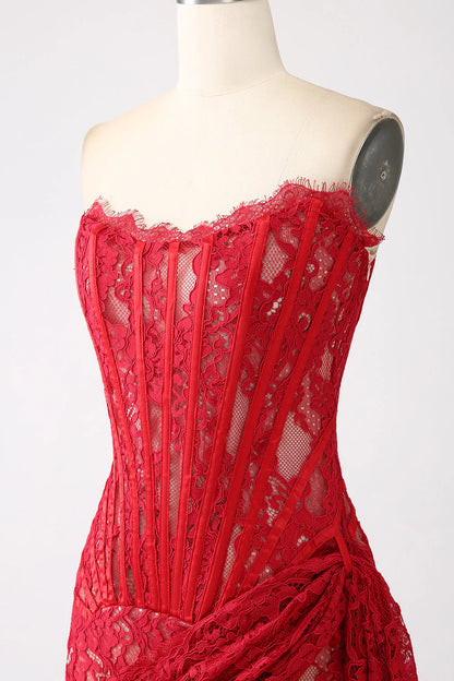 Wholesale Classy Red Short Cocktail Dress Lace Strapless Corset with Lace-up Back Homecoming Dresses