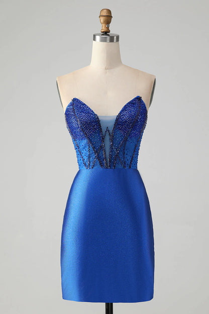 Wholesale Short Homecoming Dress Classy Sparkly Royal Blue Tight Strapless with Beading