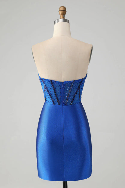 Wholesale Short Homecoming Dress Classy Sparkly Royal Blue Tight Strapless with Beading