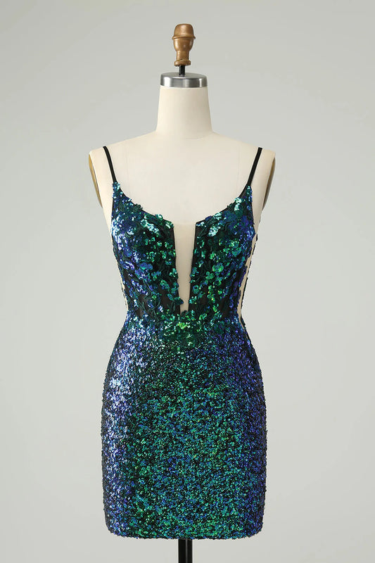 Wholesale Homecoming Dress Sparkly Dark Green Spaghetti Straps Tight with Sequins