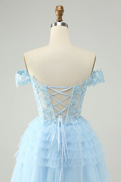 Wholesale Homecoming Dress Light Blue A Line Off The Shoulder Corset with Sequins