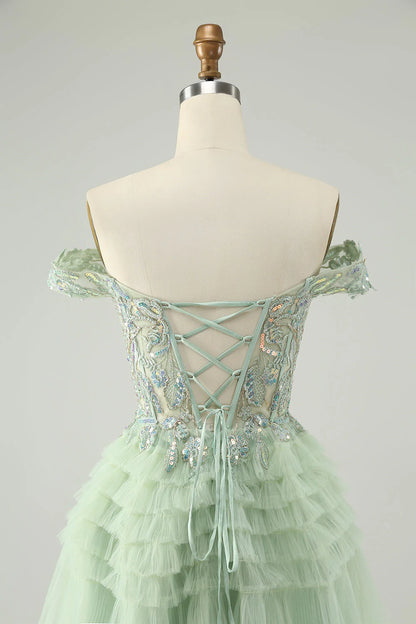 Wholesale Homecoming Dress A Line Off The Shoulder Corset Tulle with Sequins Sparkly Light Green