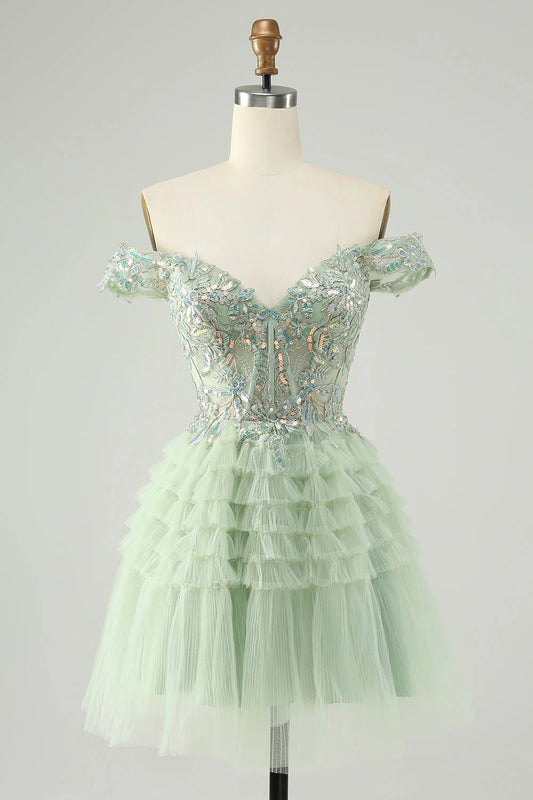 Wholesale Homecoming Dress A Line Off The Shoulder Corset Tulle with Sequins Sparkly Light Green