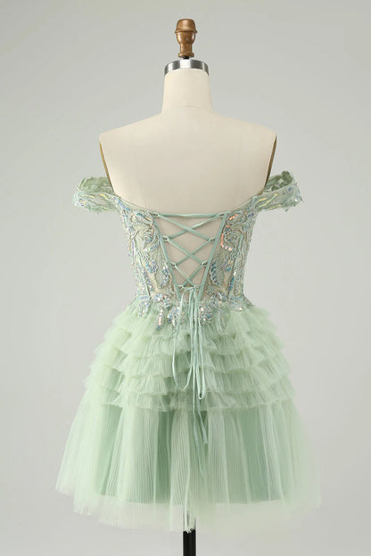 Wholesale Homecoming Dress A Line Off The Shoulder Corset Tulle with Sequins Sparkly Light Green