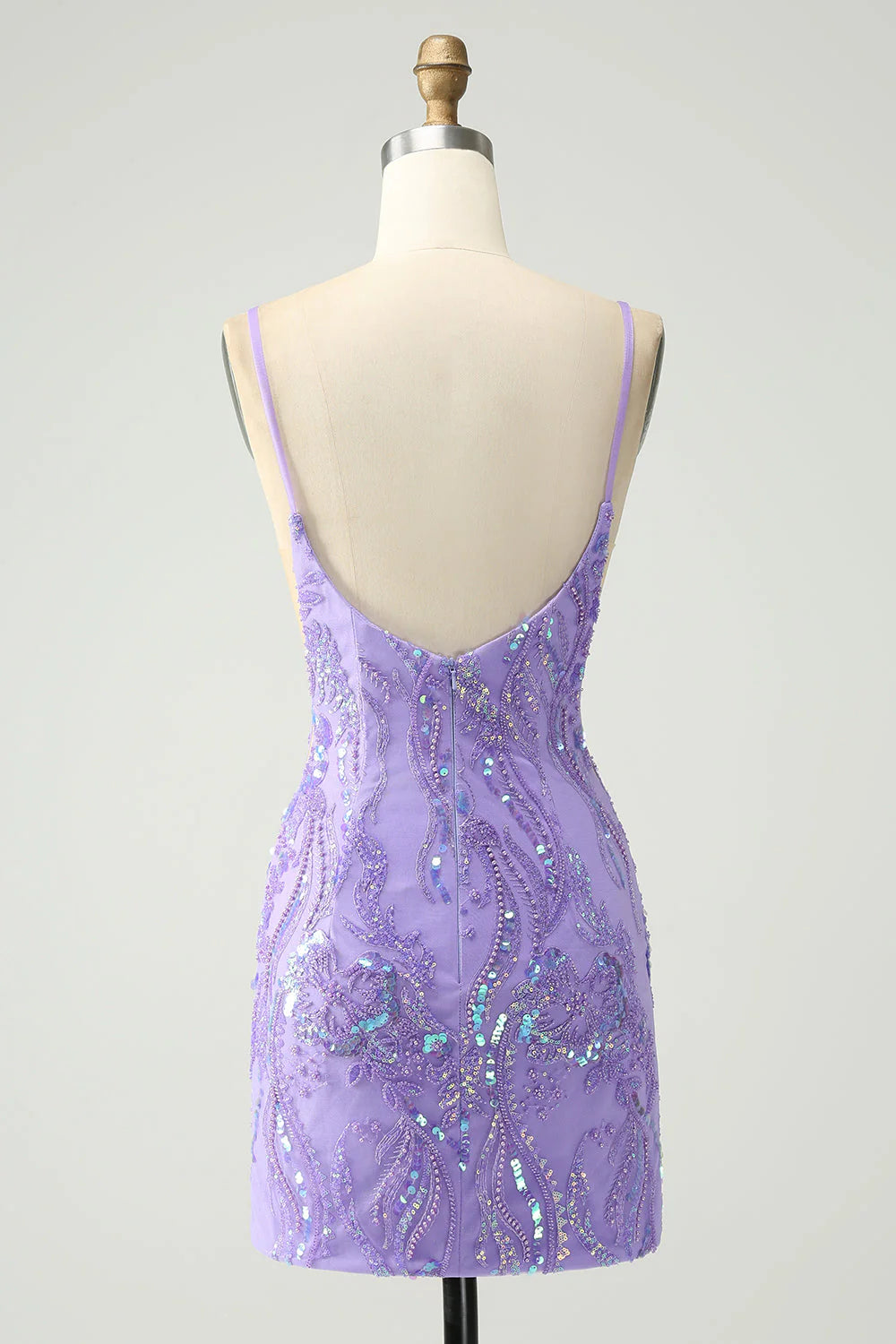 Short Homecoming Dress Sparkly Tight Spaghetti Straps with Sequins Purple