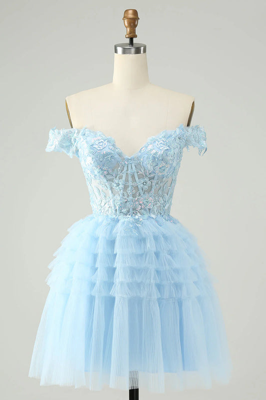 Wholesale Homecoming Dress Light Blue A Line Off The Shoulder Corset with Sequins