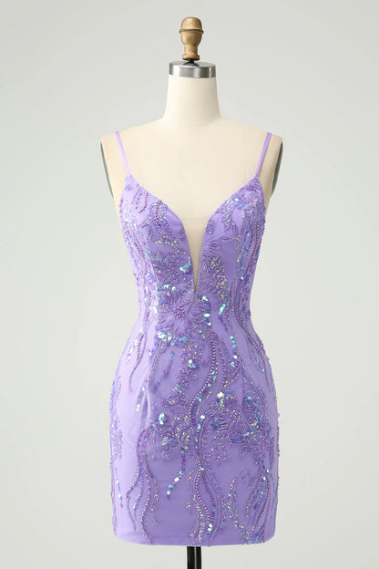 Short Homecoming Dress Sparkly Tight Spaghetti Straps with Sequins Purple