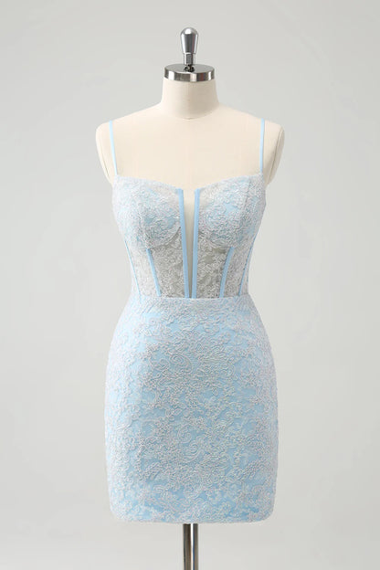 Wholesale Short Homecoming Dresses Light Blue Corset Spaghetti Straps Tight with Lace Up Back