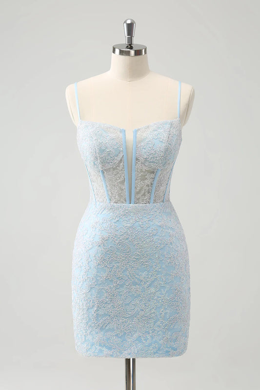 Wholesale Short Homecoming Dresses Light Blue Corset Spaghetti Straps Tight with Lace Up Back