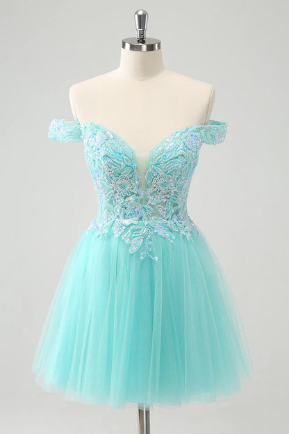 Wholesale A Line Sequins Homecoming Dress Light Green Pleated Corset Off The Shoulder Graduation Dresses