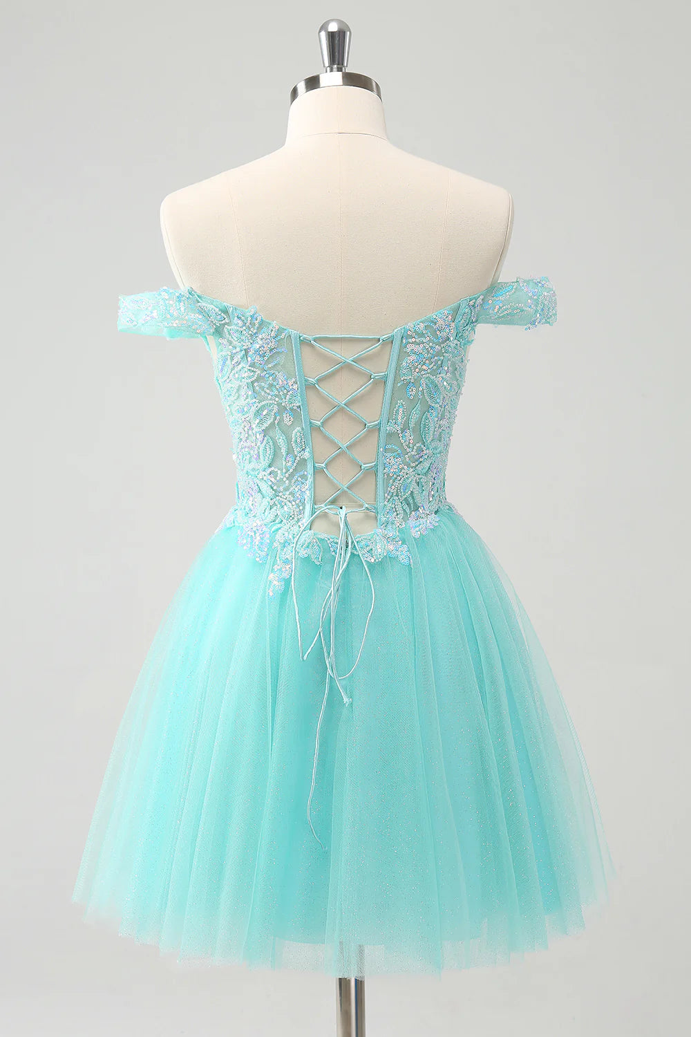 Wholesale A Line Sequins Homecoming Dress Light Green Pleated Corset Off The Shoulder Graduation Dresses