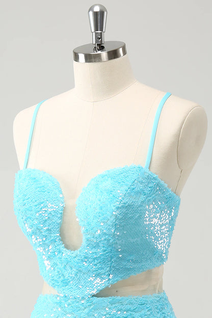 Wholesale Homecoming Dress Sparkly Light Blue Spaghetti straps Sequins Tight