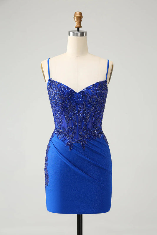 Wholesale Homecoming Dress Royal Blue Glitter Beading Corset Graduation Dresses