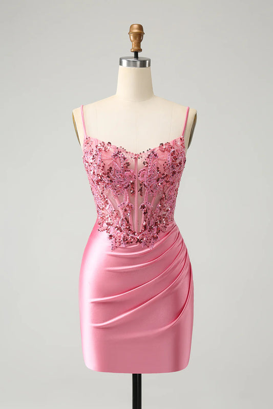 Wholesale Elegant Homecoming Dress Pink Glitter Sequins Corset Graduation Dresses