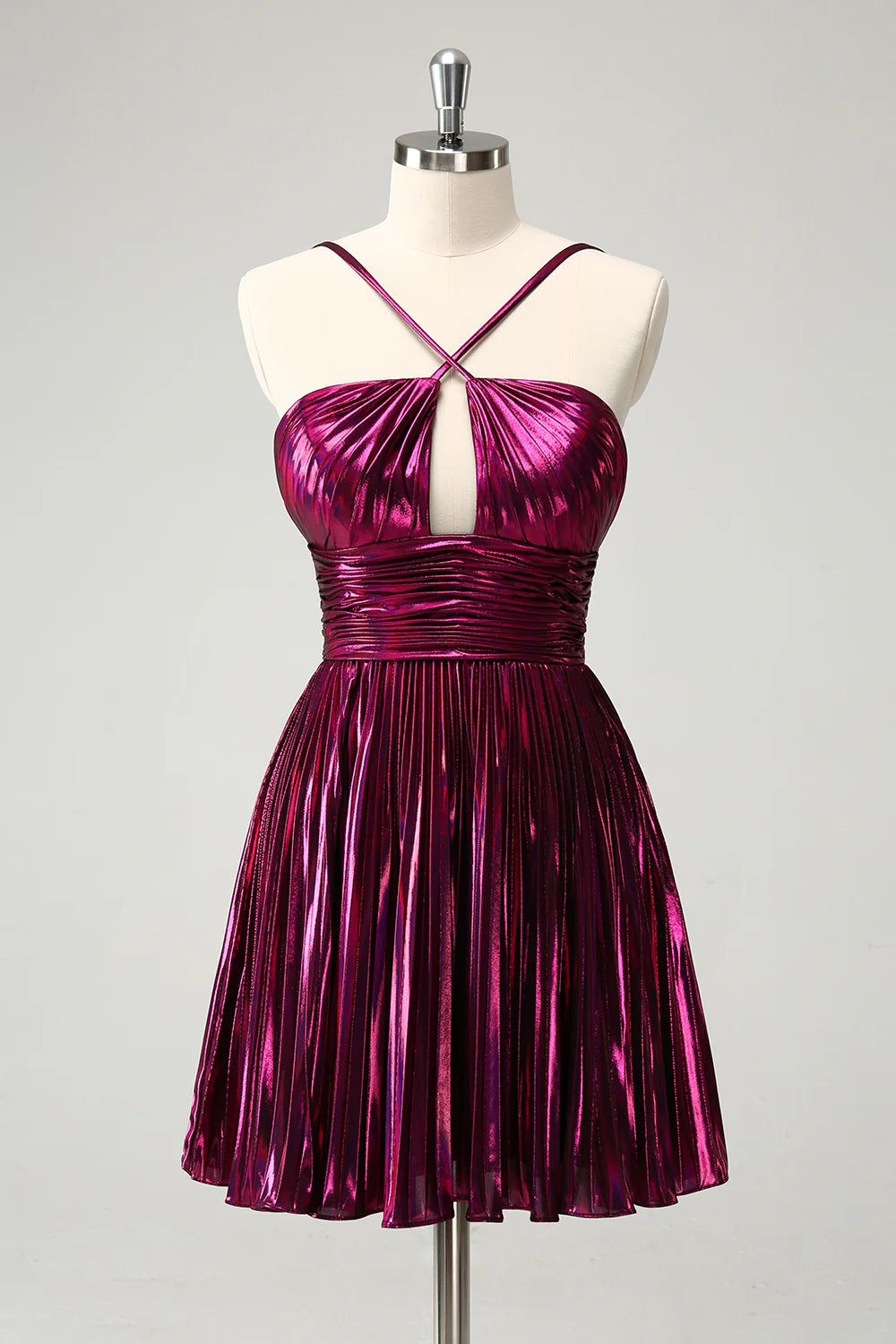 Wholesale A Line Homecoming Dress Purple Pleated Hollow Out Short Metallic Graduation Dresses