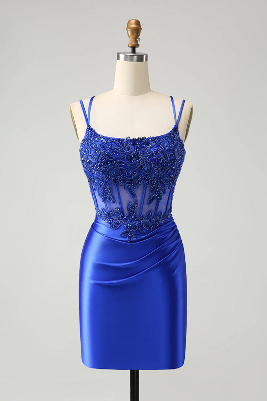 Wholesale Fashion Homecoming Dress Sparkly Royal Blue Beading Corset Graduation Dresses