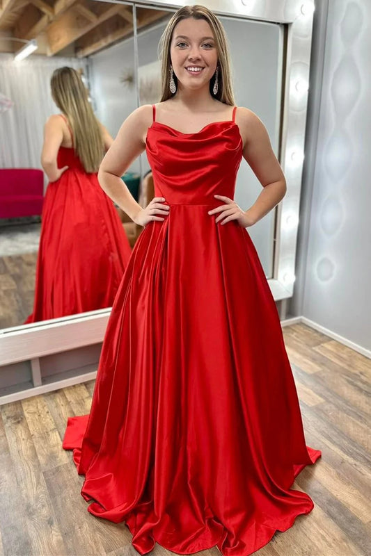 Wholesa Red Cowl Neck Spaghetti Strap A-Line Long Prom Dress