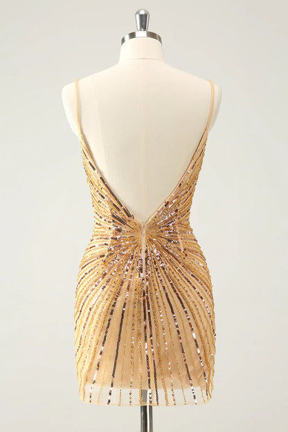 Wholesale Short Homecoming Dress Unique Golden Tight Spaghetti Straps Backless with Sequins