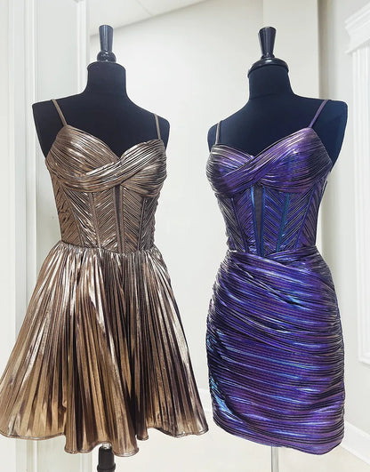 Wholesale A-Line Satin Homecoming Dress Metallic Spaghetti Straps