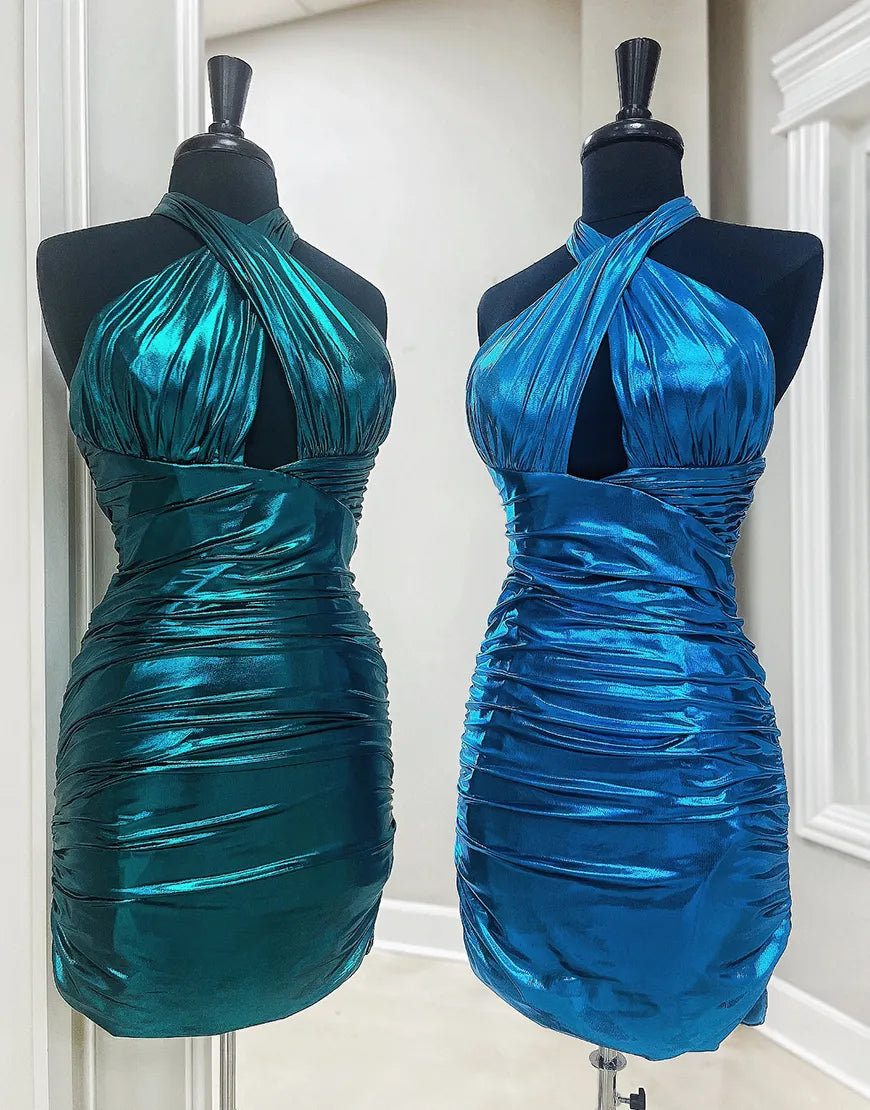 Wholesale Homecoming Dress Metallic Halter Tight Satin