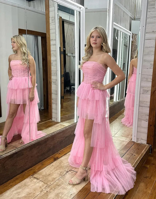 Wholesale Homecoming Dress Sparkly High-Low Tiered Strapless