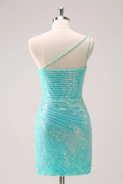 Wholesale Sparkly Mint Homecoming Dress One Shoulder Tight Short Graduation Dresses with Sequins