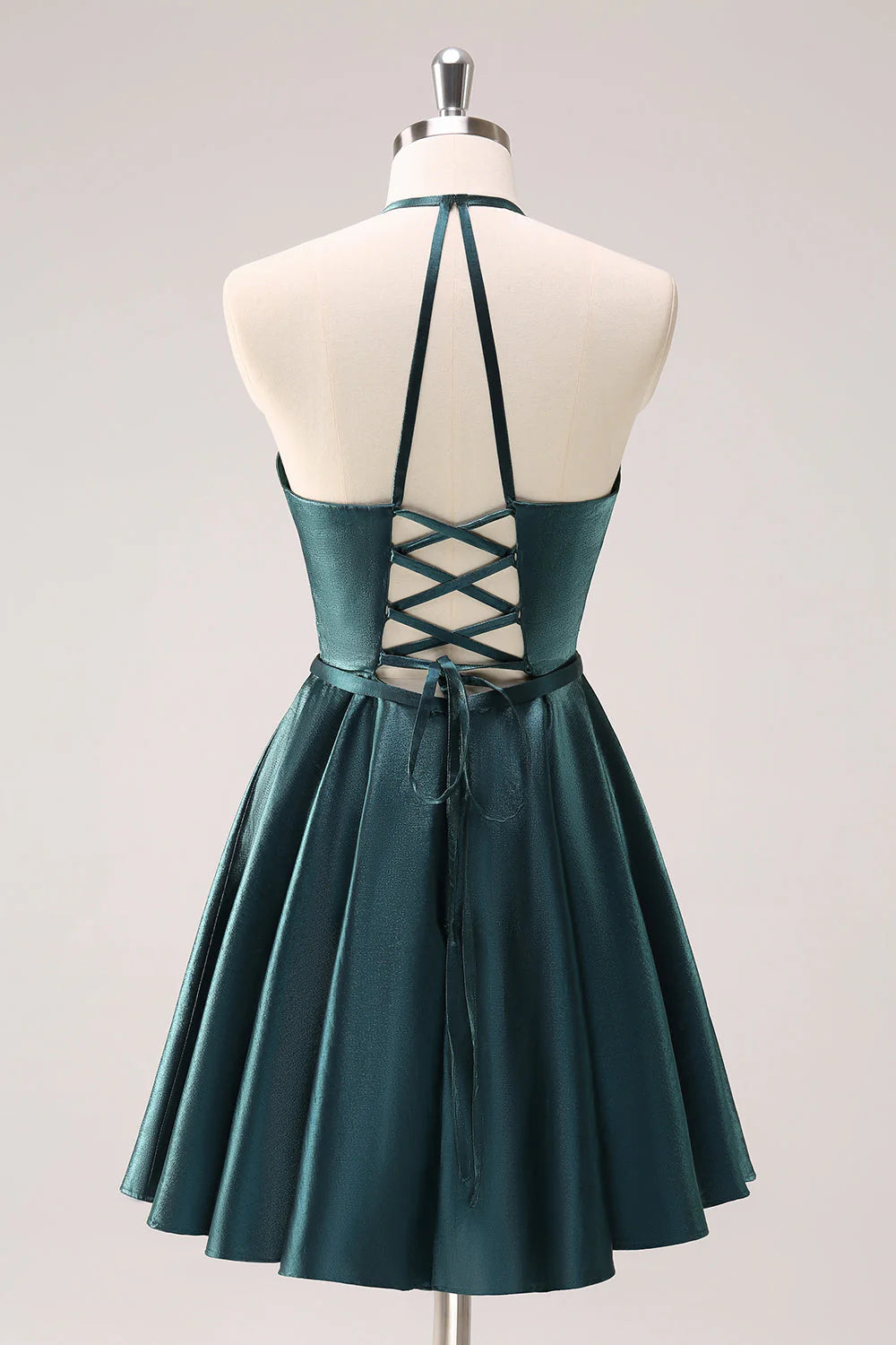 Wholesale Homecoming Dress Peacock Blue A-Line Halter Short Graduation Dresses Metallic with Lace Up Back