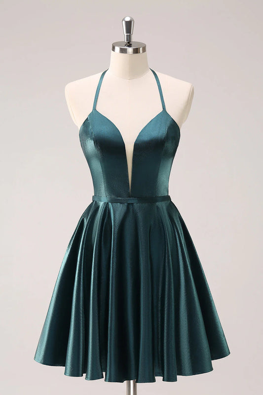 Wholesale Homecoming Dress Peacock Blue A-Line Halter Short Graduation Dresses Metallic with Lace Up Back