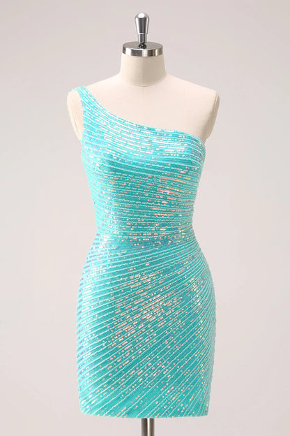 Wholesale Sparkly Mint Homecoming Dress One Shoulder Tight Short Graduation Dresses with Sequins