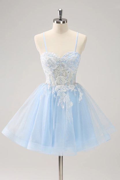 Wholesale Sparkly Graduation Dresses Blue A Line Homecoming Dress Corset Sequin with Appliques