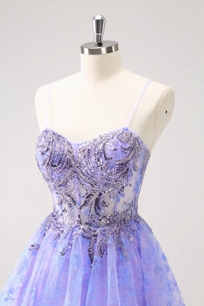 Wholesale Short Homecoming Dress Sparkly Lilac A Line Corset Floral with Sequins Graduation Dresses