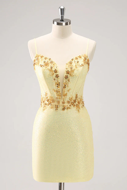 Wholesale Short Homecoming Dress Sparkly Yellow Bodycon Corset with Beading