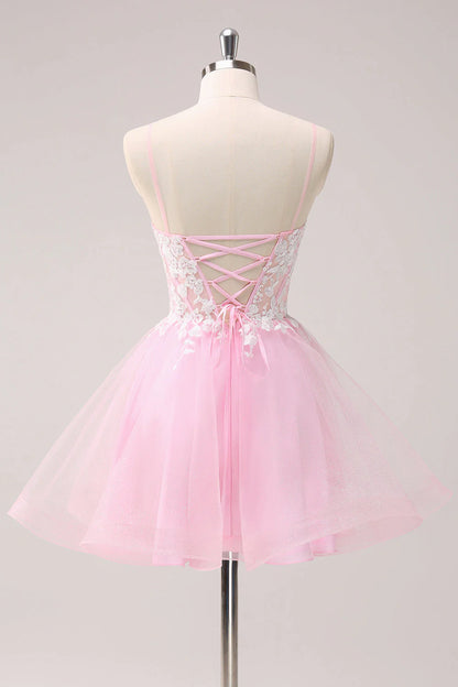 Wholesale A Line Homecoming Dress Pink Graduation Dresses Spaghetti Straps Tulle Corset with Appliques