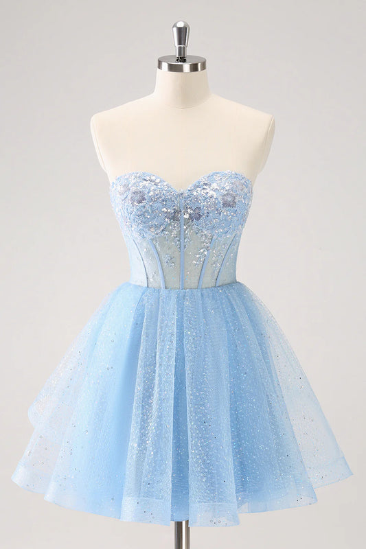 Wholesale A Line Sparkly Sky Blue Homecoming Dress Sweetheart Corset with Sequins