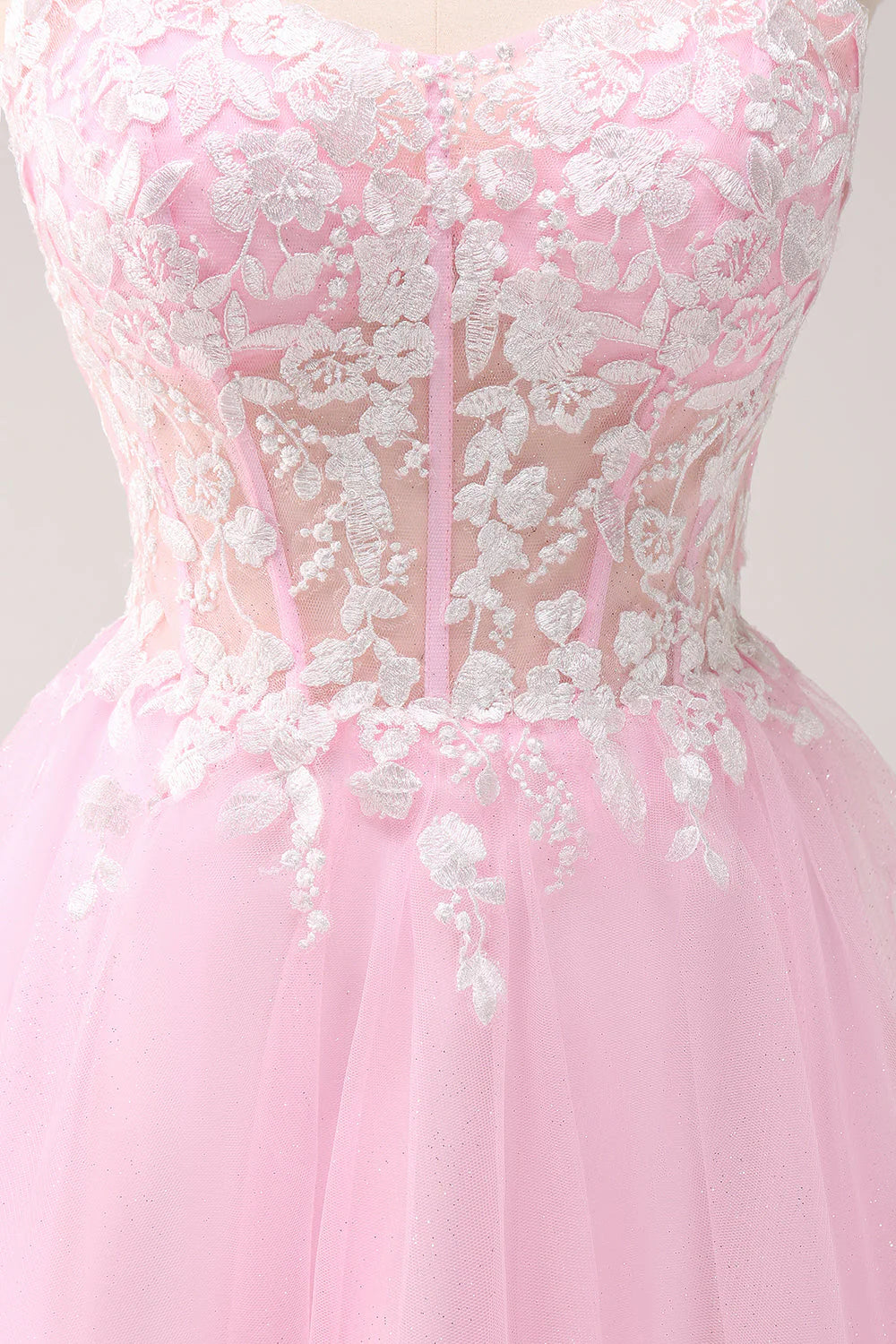 Wholesale A Line Homecoming Dress Pink Graduation Dresses Spaghetti Straps Tulle Corset with Appliques