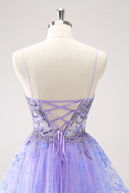 Wholesale Short Homecoming Dress Sparkly Lilac A Line Corset Floral with Sequins Graduation Dresses