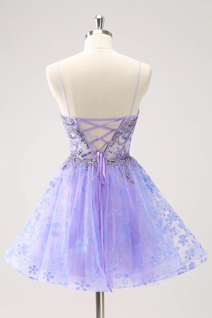 Wholesale Short Homecoming Dress Sparkly Lilac A Line Corset Floral with Sequins Graduation Dresses