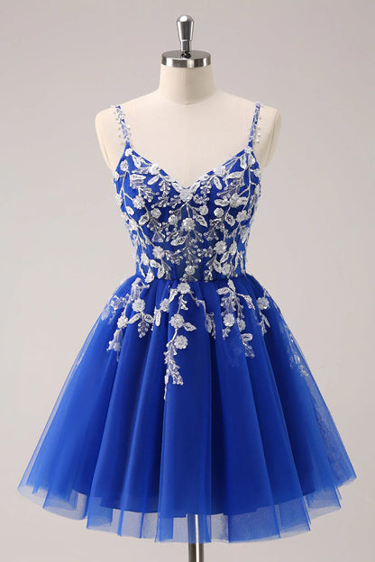 Wholesale A Line Spaghetti Straps Homecoming Dress Royal Blue Tulle Corset Sequins with Appliques