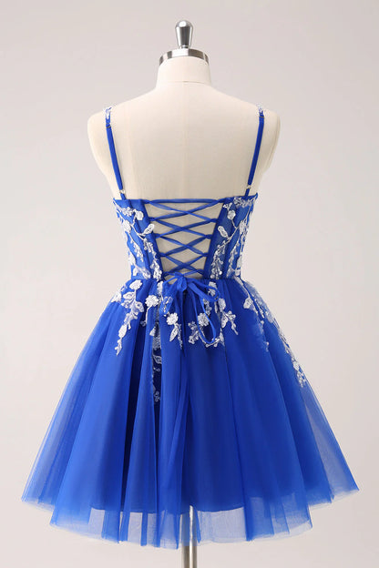 Wholesale A Line Spaghetti Straps Homecoming Dress Royal Blue Tulle Corset Sequins with Appliques