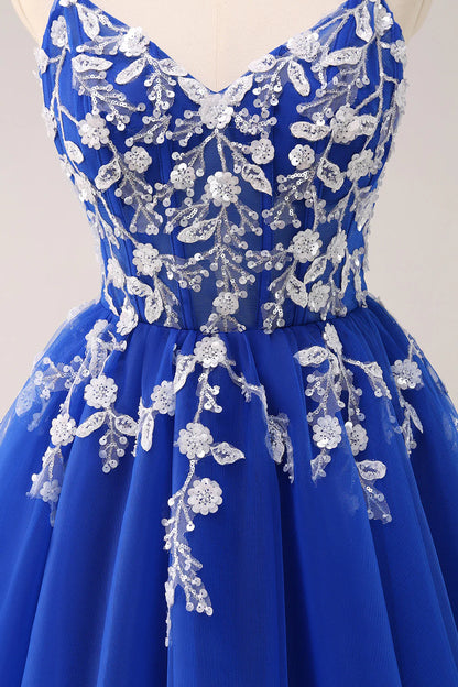 Wholesale A Line Spaghetti Straps Homecoming Dress Royal Blue Tulle Corset Sequins with Appliques