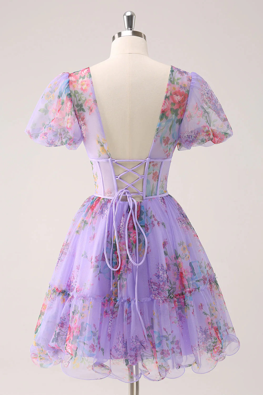 Wholesale A-Line Homecoming Dress Purple V Neck Corset Floral with Lace Up Back