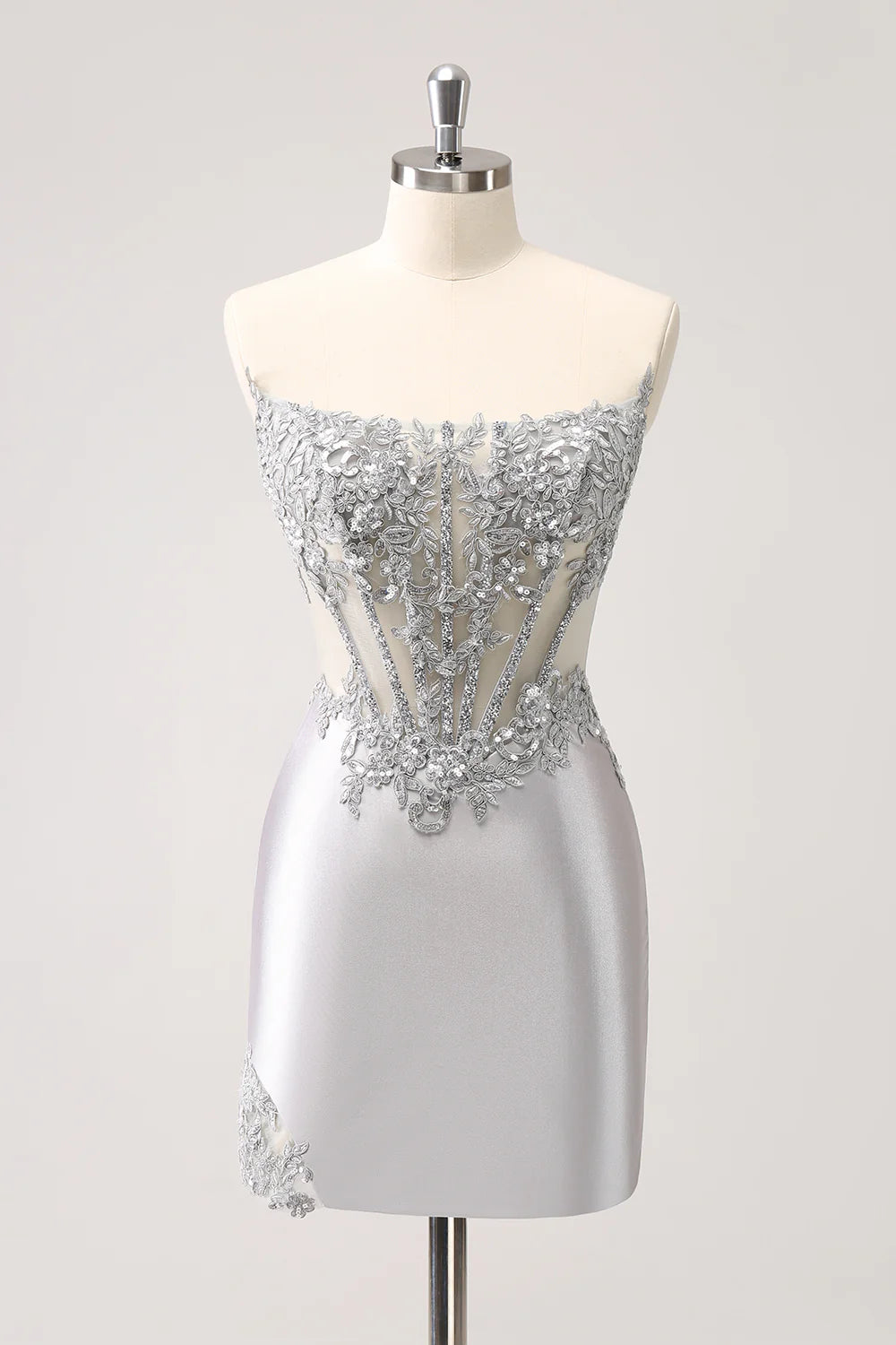 Wholesale Fashion Homecoming Dress Glitter Silver Corset Strapless Graduation Dresses