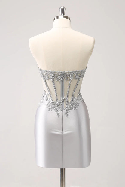 Wholesale Fashion Homecoming Dress Glitter Silver Corset Strapless Graduation Dresses