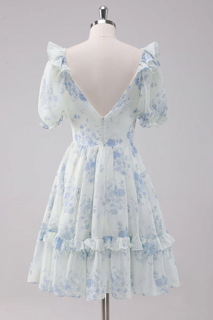 Wholesale Elegant Homecoming Dress Short Sleeves Light Blue Floral Short with Dress